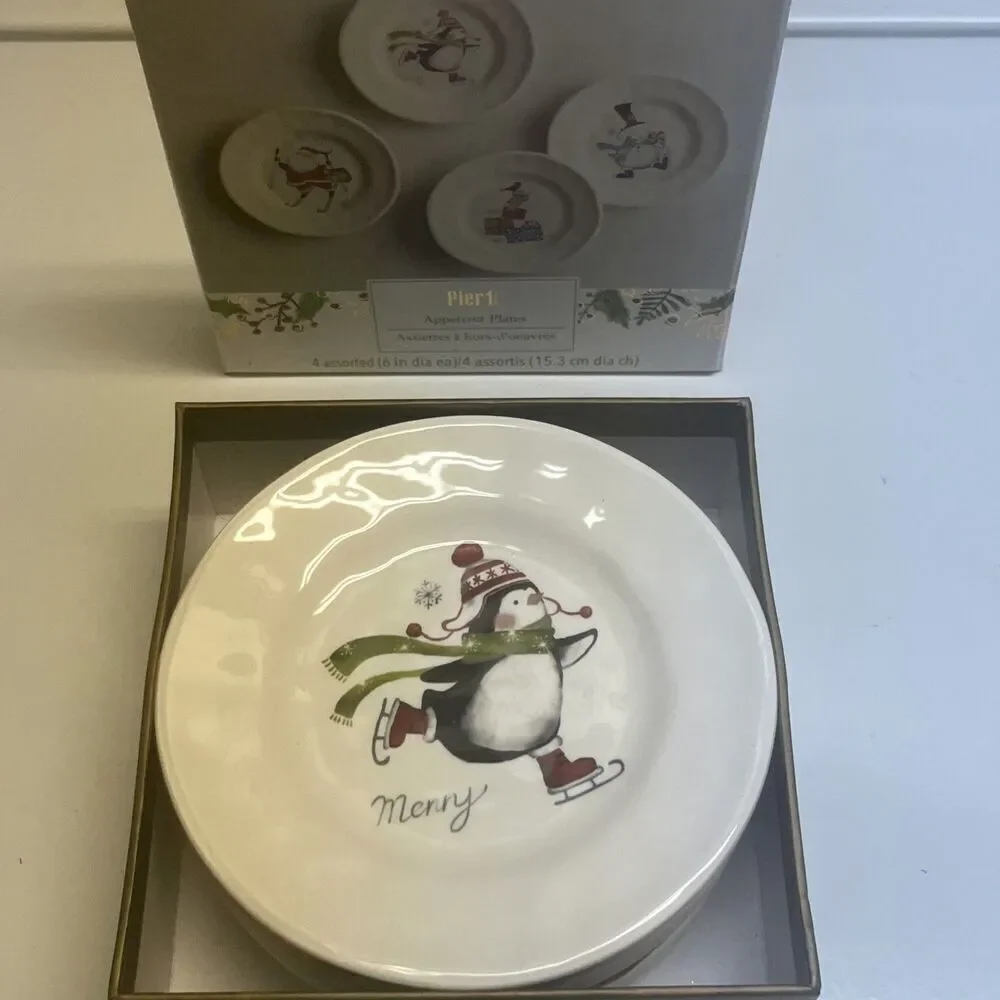 Pier 1 Imports Set Of (4) Christmas Appetizer Plates  6” NEW In Box